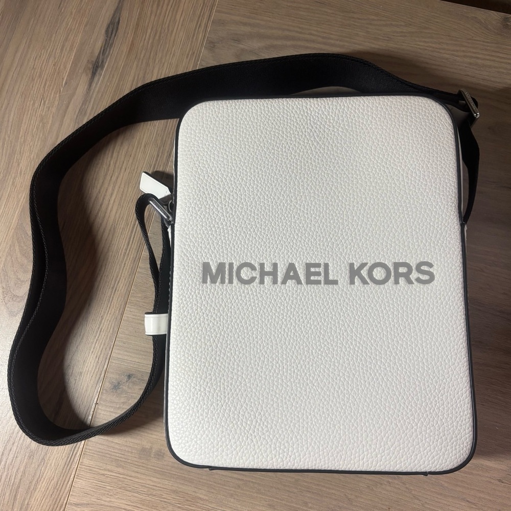 Michael Kors Men’s Cooper Embossed Logo White Pebbled Leather Messenger Bag